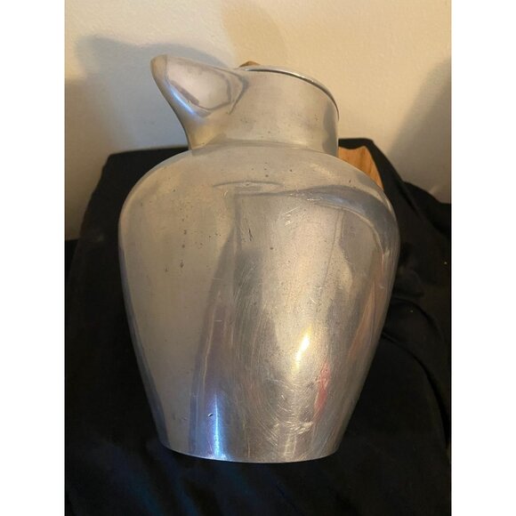 Vintage Mid-Century Modern Aluminum Pitcher | 9" MCM Wood Handle Thermal Carafe - Picture 3 of 6
